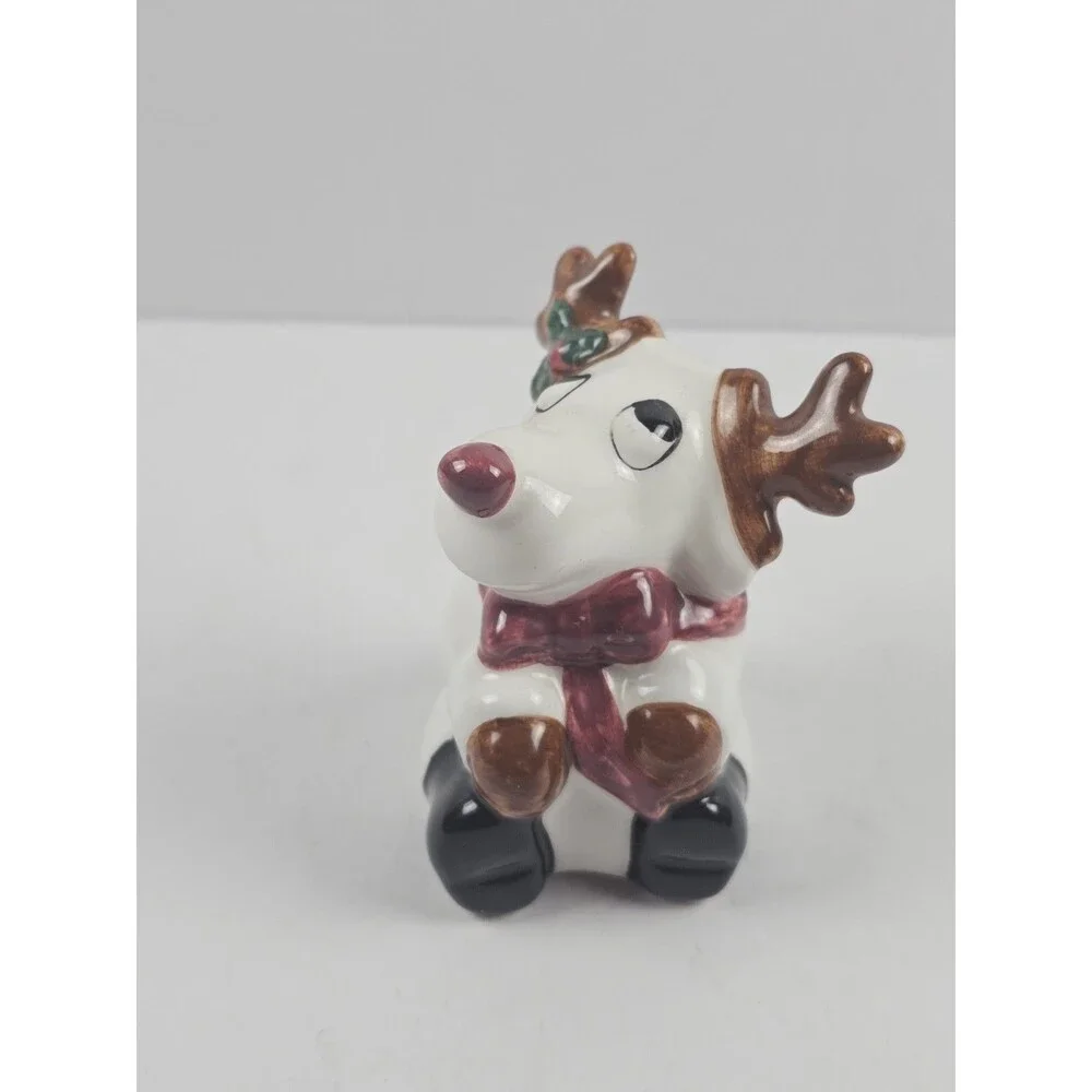 Vintage White Reindeer Gold Antlers Christmas Red Nose Salt Pepper Shaker (1)